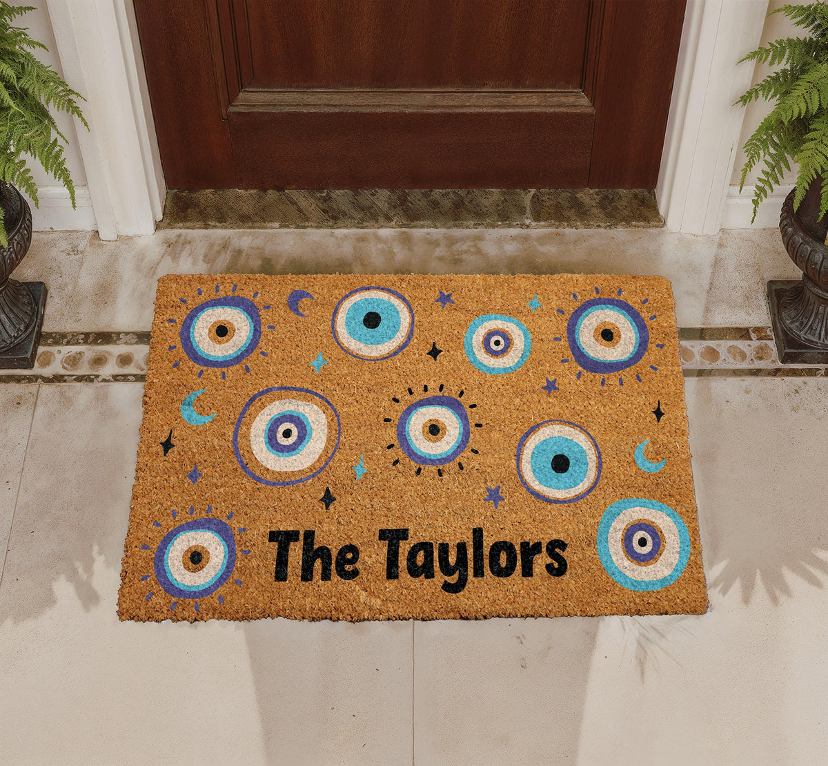 Custom Evil Eye Family Name Doormat, Celestial Moons Stars Welcome Mat (Coir)