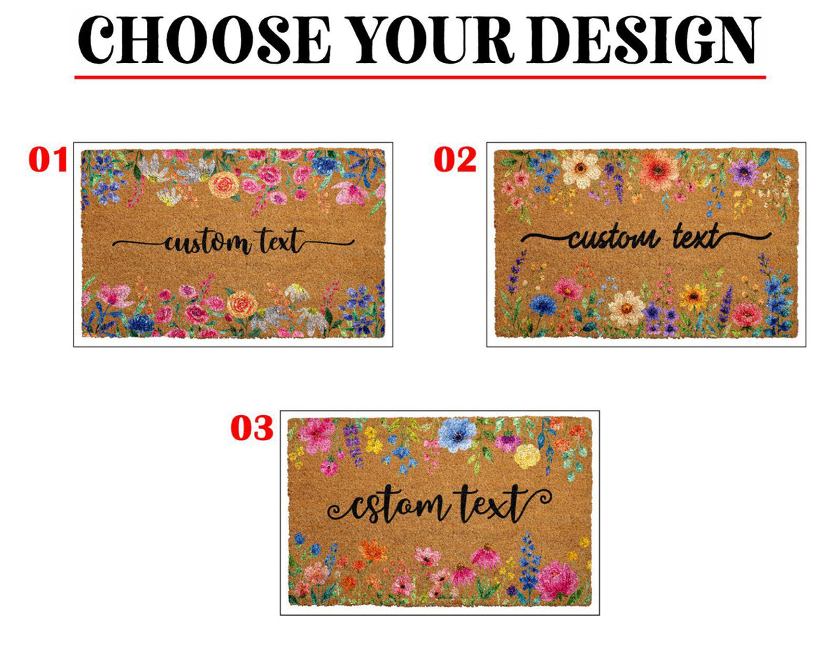 Boho Floral Doormat, Custom Personalized Family Name Welcome Door Mat, Colorful Coir Entryway Mat