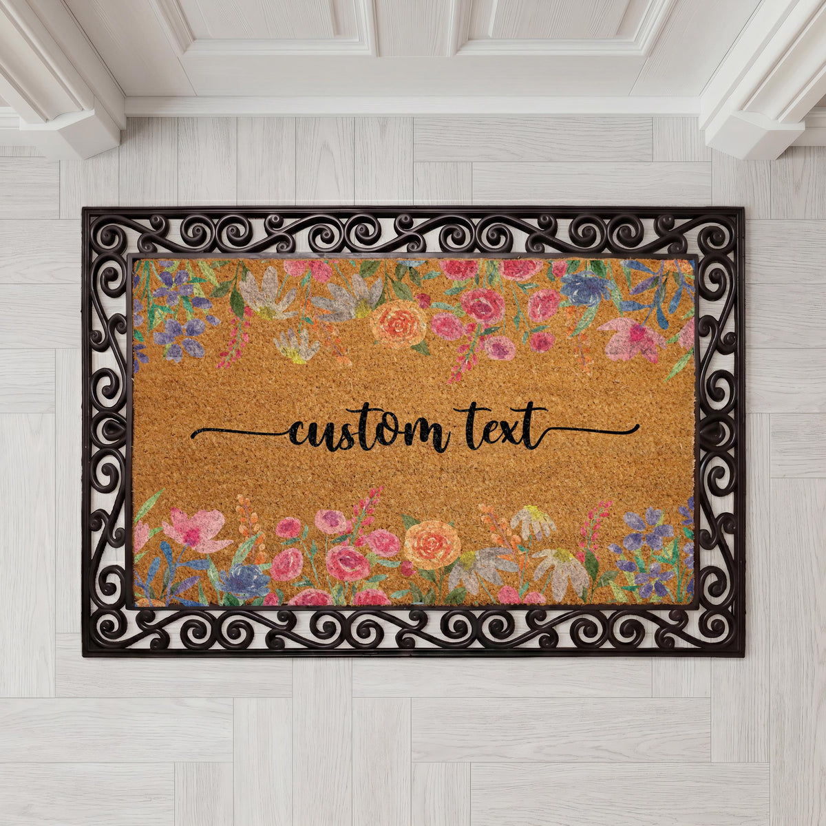 Boho Floral Doormat, Custom Personalized Family Name Welcome Door Mat, Colorful Coir Entryway Mat