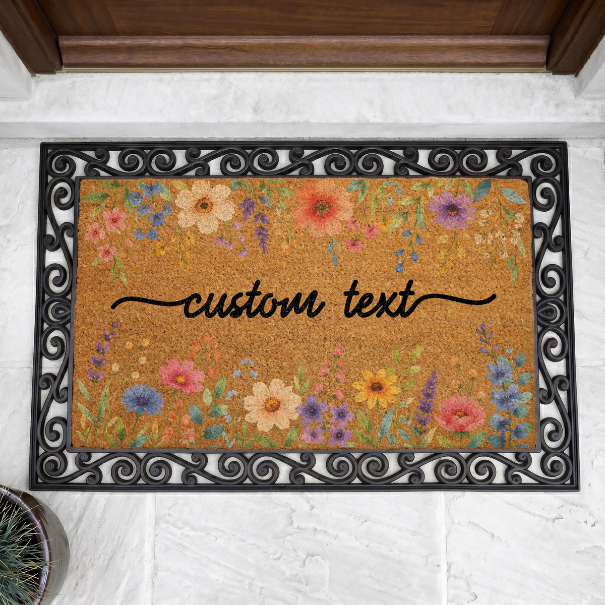 Boho Floral Doormat, Custom Personalized Family Name Welcome Door Mat, Colorful Coir Entryway Mat