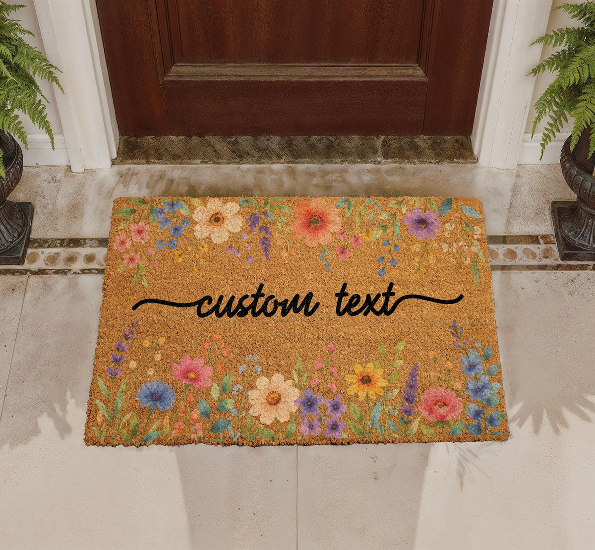 Boho Floral Doormat, Custom Personalized Family Name Welcome Door Mat, Colorful Coir Entryway Mat