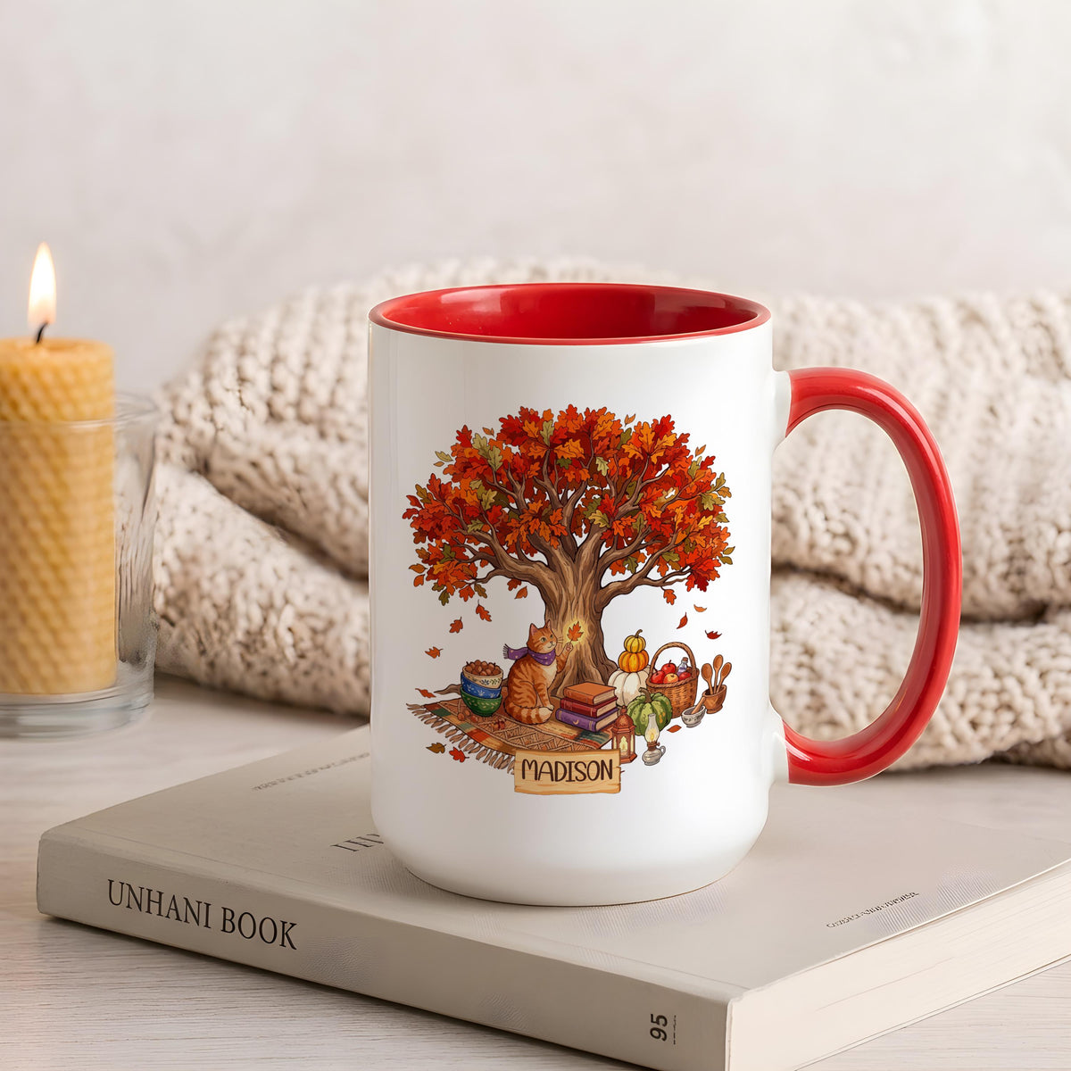 Personalized Fall Cat Mug, Autumn Tree Coffee Cup, Cozy Reading Book Lover Thanksgiving Gift