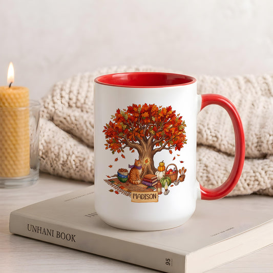Personalized Fall Cat Mug, Autumn Tree Coffee Cup, Cozy Reading Book Lover Thanksgiving Gift