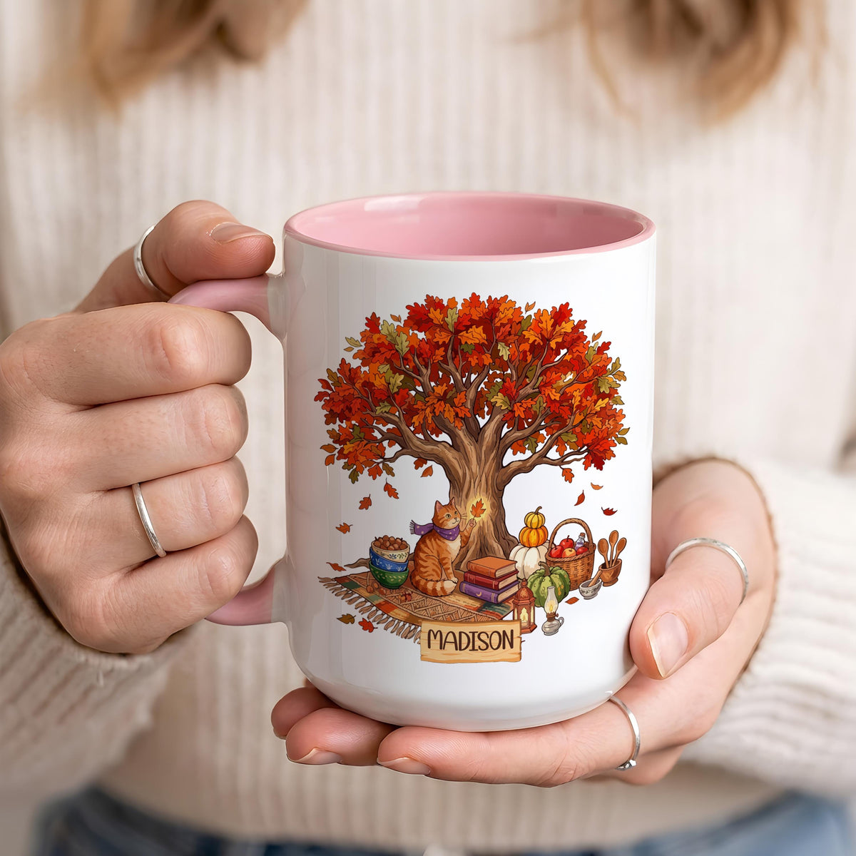 Personalized Fall Cat Mug, Autumn Tree Coffee Cup, Cozy Reading Book Lover Thanksgiving Gift
