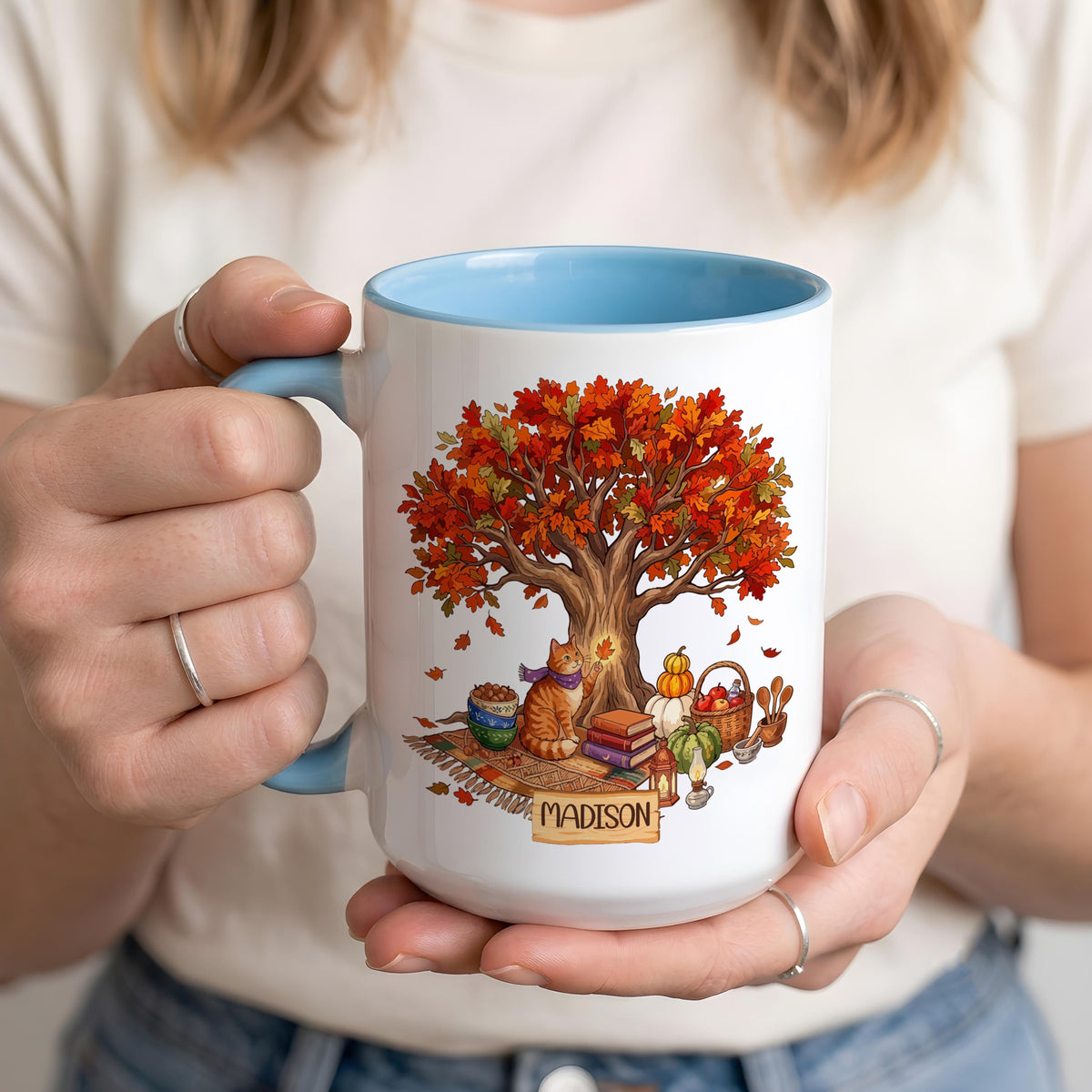 Personalized Fall Cat Mug, Autumn Tree Coffee Cup, Cozy Reading Book Lover Thanksgiving Gift