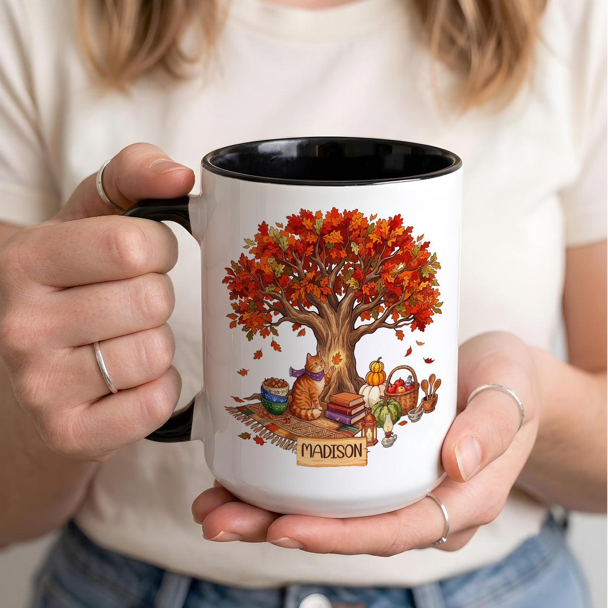 Personalized Fall Cat Mug, Autumn Tree Coffee Cup, Cozy Reading Book Lover Thanksgiving Gift