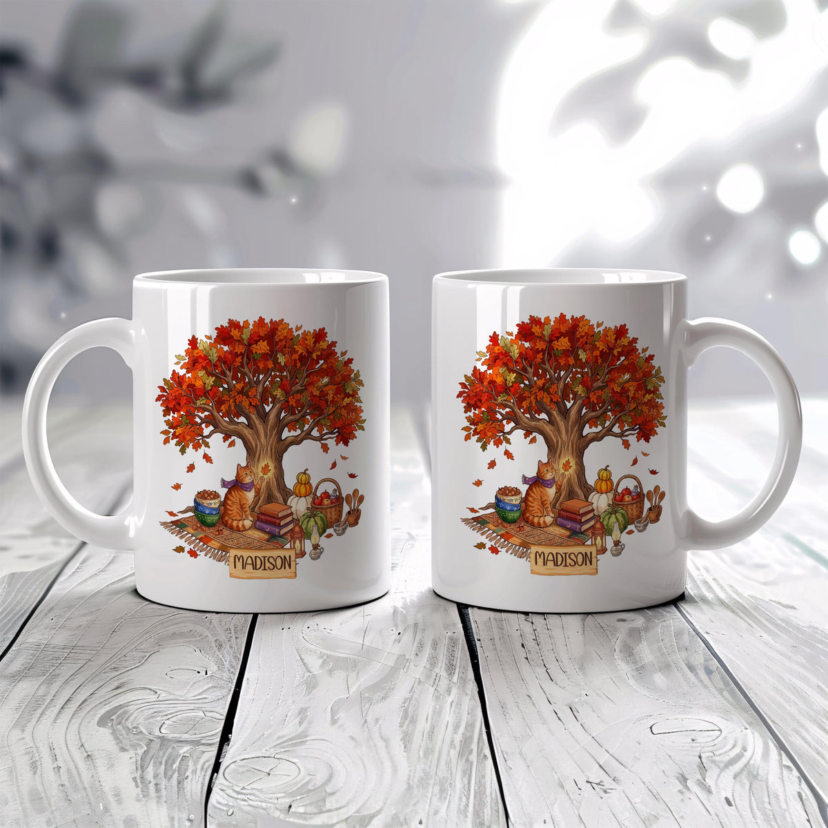 Personalized Fall Cat Mug, Autumn Tree Coffee Cup, Cozy Reading Book Lover Thanksgiving Gift