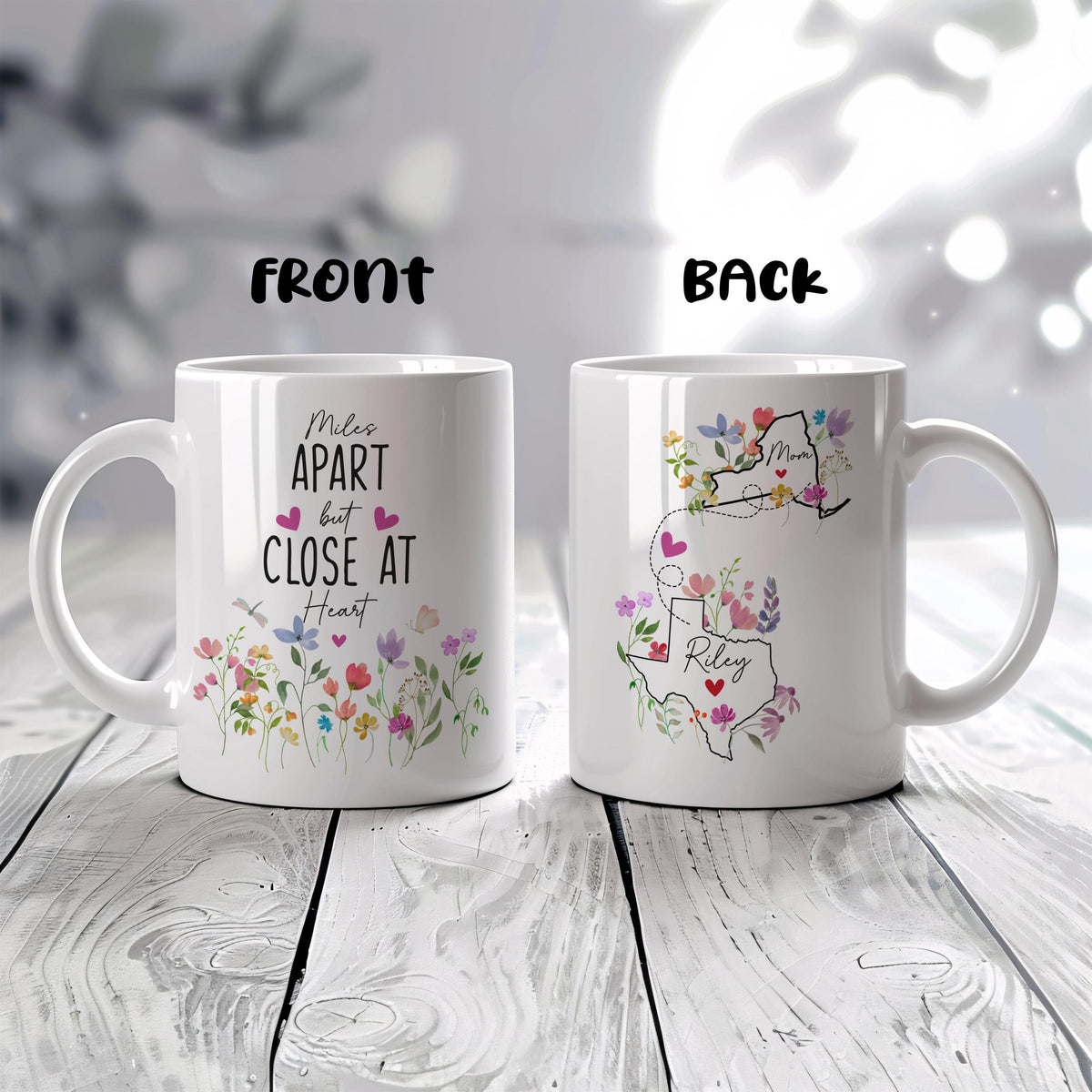 Personalized Floral State Mug, Miles Apart But Close At Heart Cup, Long Distance Gift