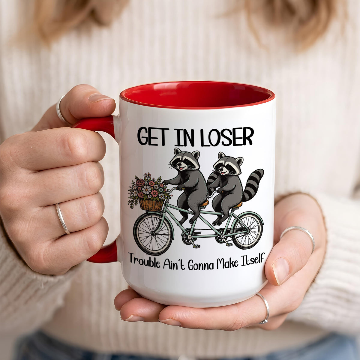 Funny Trouble Ain't Gonna Make Itself Coffee Mug, Sarcastic Raccoon Meme Ceramic Tea Cup