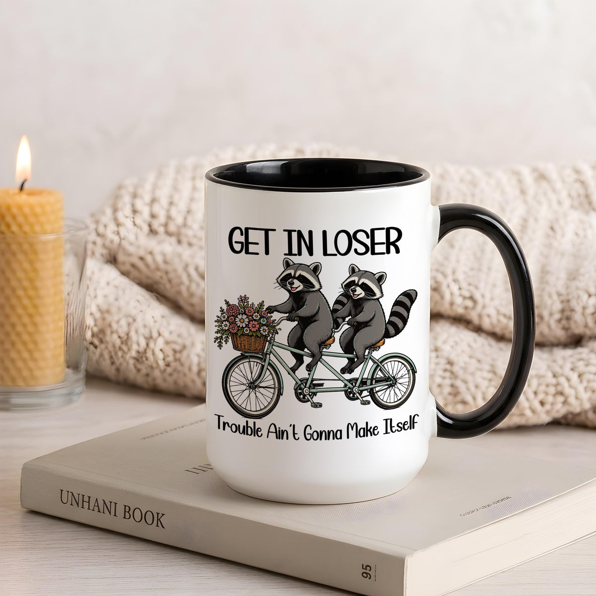 Funny Trouble Ain't Gonna Make Itself Coffee Mug, Sarcastic Raccoon Meme Ceramic Tea Cup