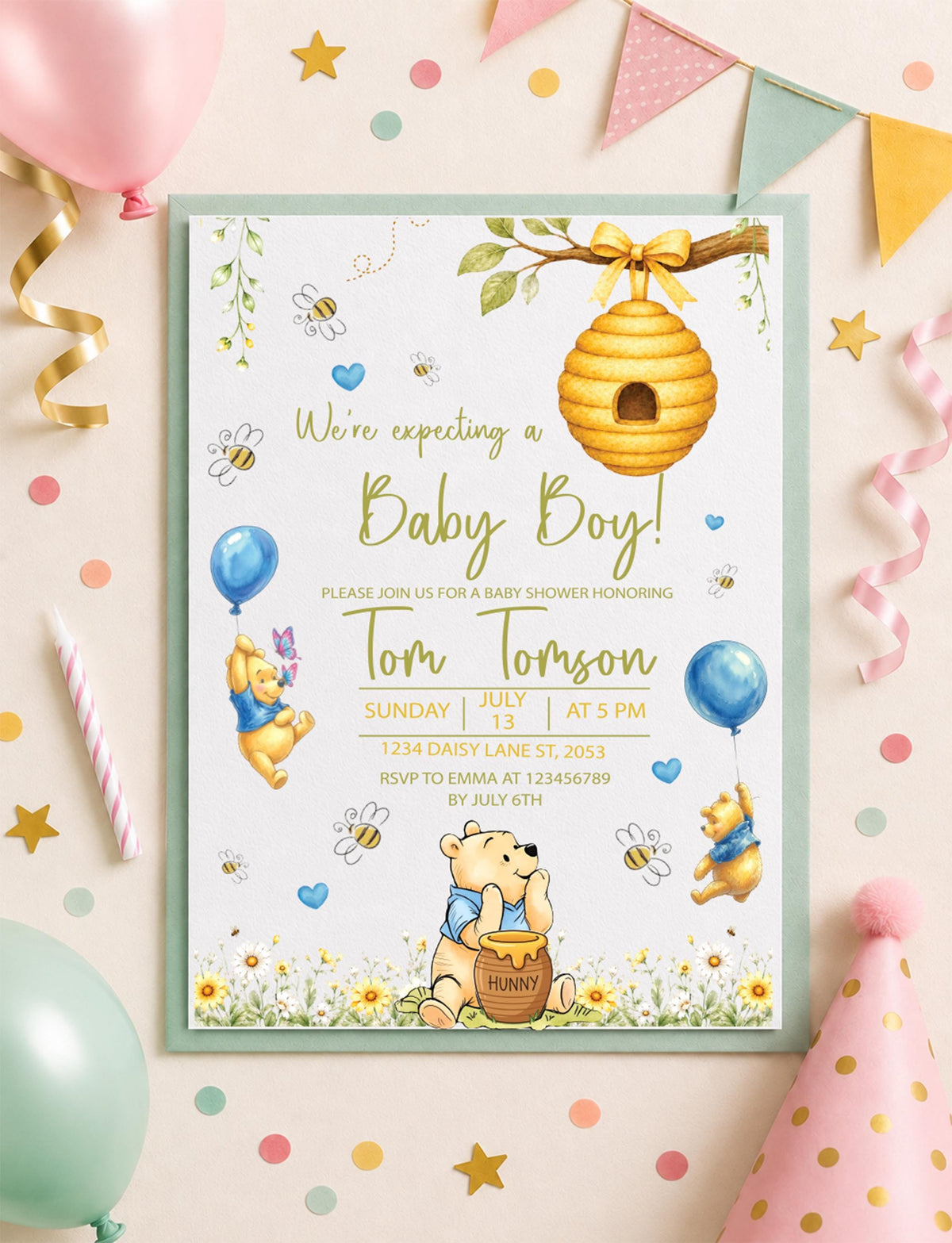 Baby Boy Bear Baby Shower Invitation, Woodland Winnie Pooh Theme, Personalized Printed Invite