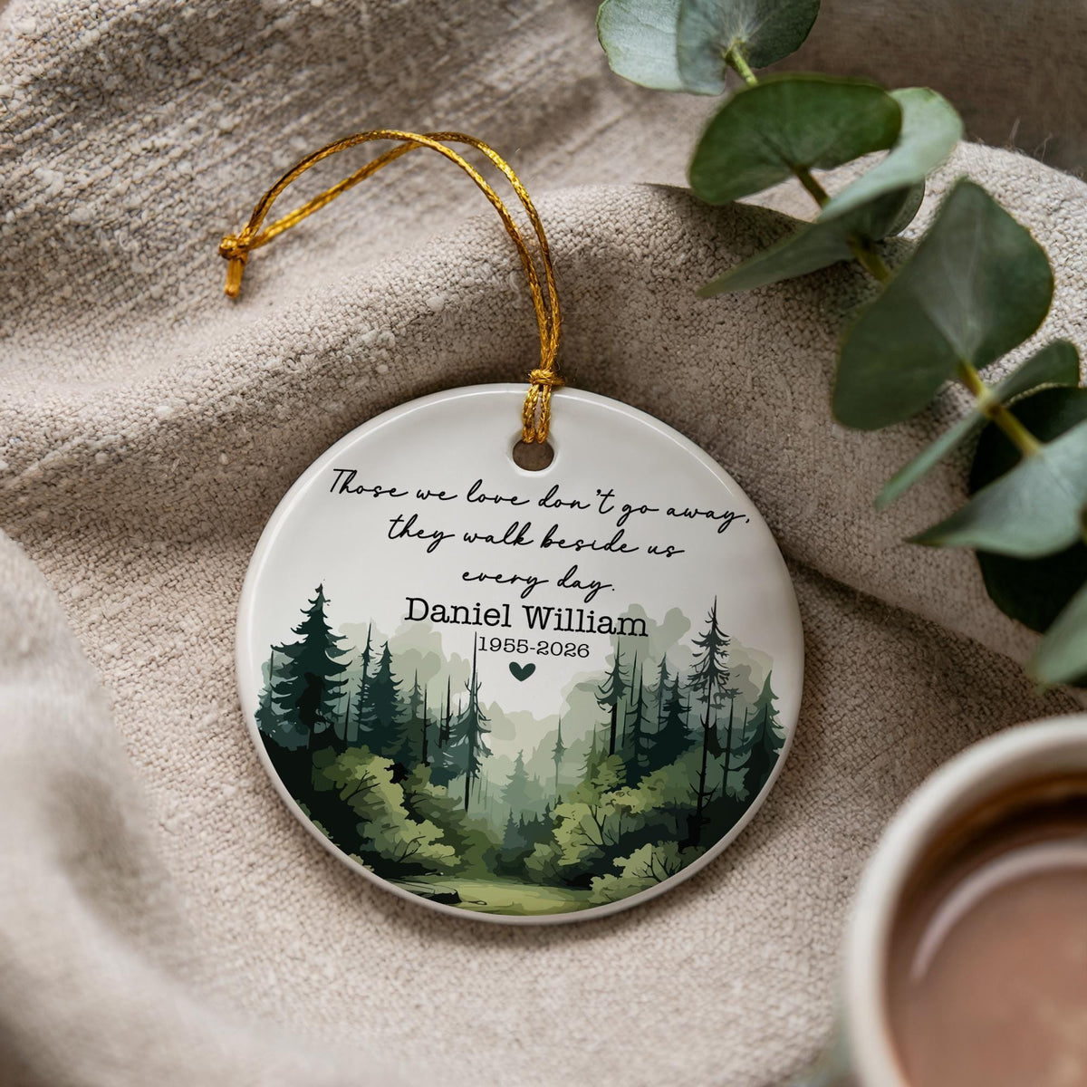 Custom Ceramic Memorial Ornament, Remembrance Keepsake, Forest Scene (Double-Sided)