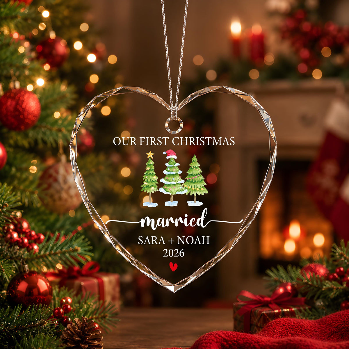 Personalized Crystal Glass Ornament, Our First Christmas Married Keepsake (Round or Heart)