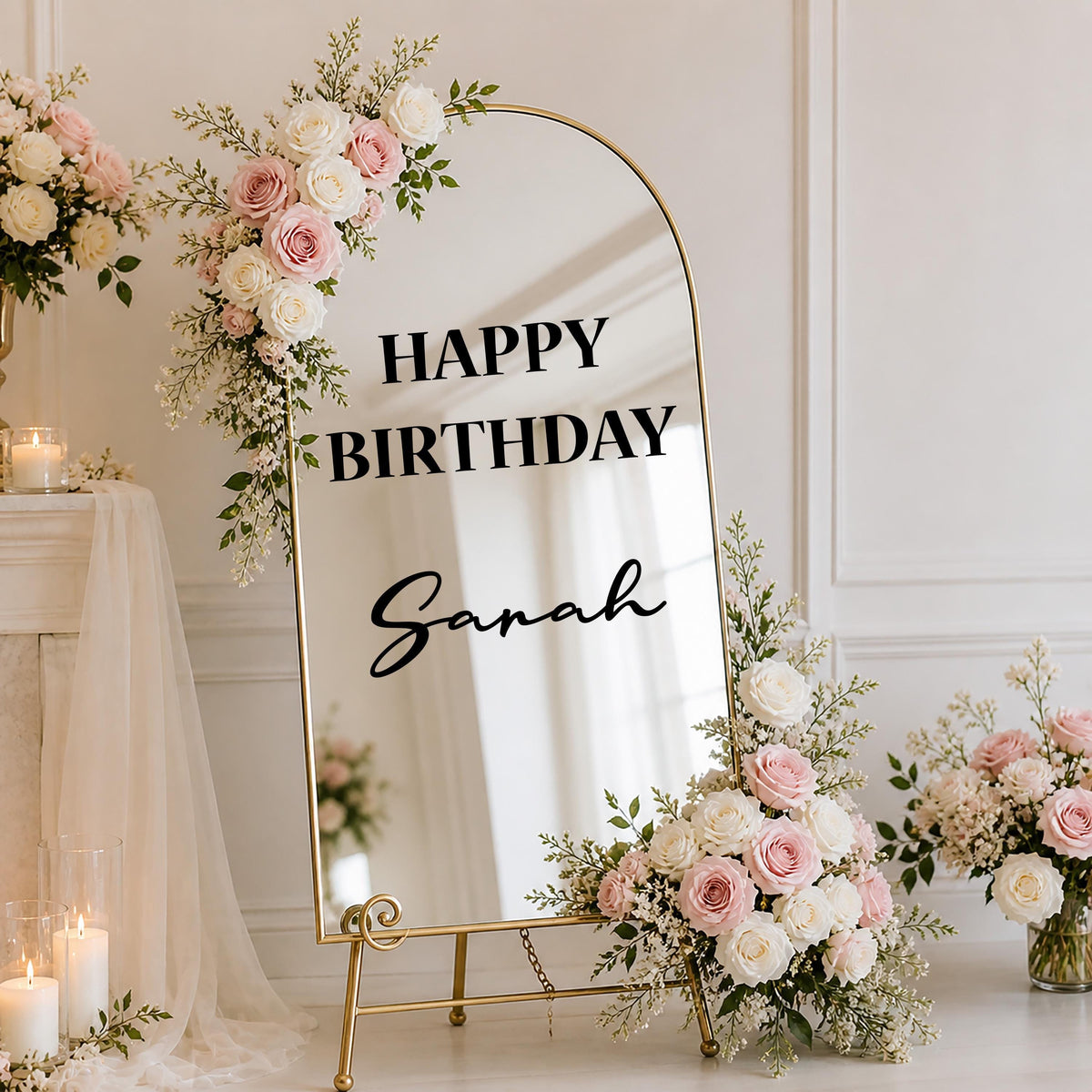 Personalized Birthday Mirror Decal, Custom Name Vinyl Sticker, Elegant Party Decor