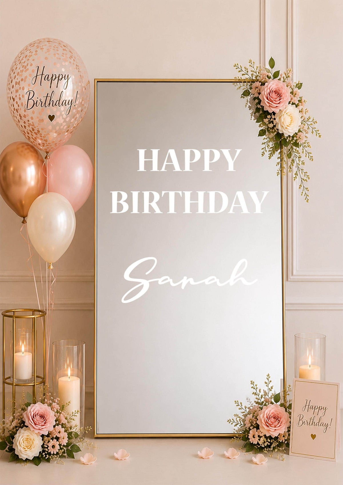 Personalized Birthday Mirror Decal, Custom Name Vinyl Sticker, Elegant Party Decor