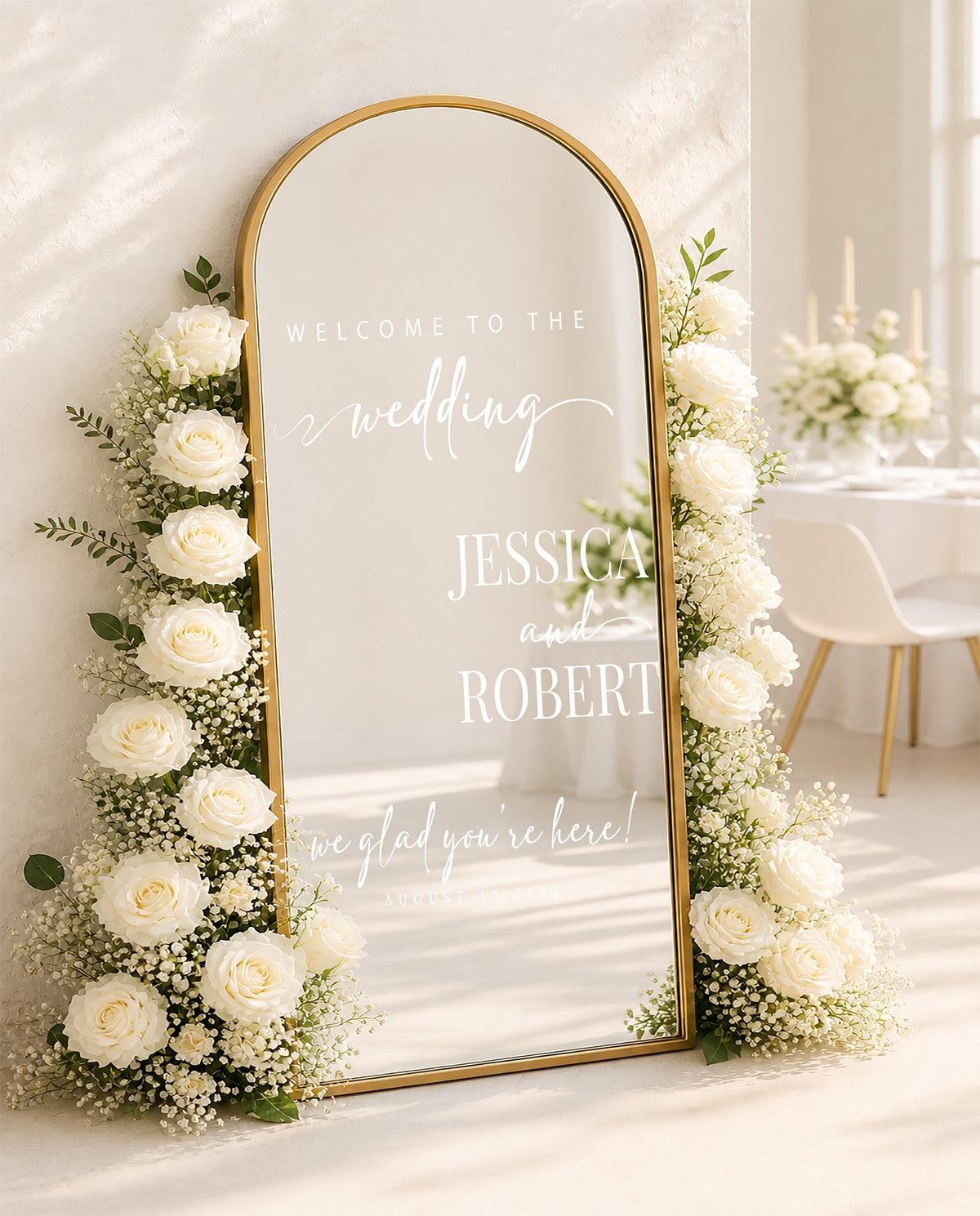 Custom Wedding Mirror Decal, Personalized Engagement Welcome Sign, White Vinyl Decor