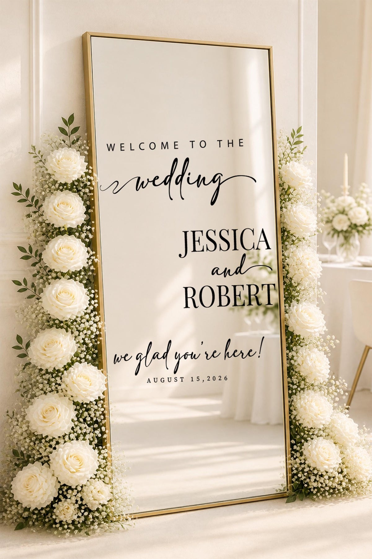 Custom Wedding Mirror Decal, Personalized Engagement Welcome Sign, White Vinyl Decor