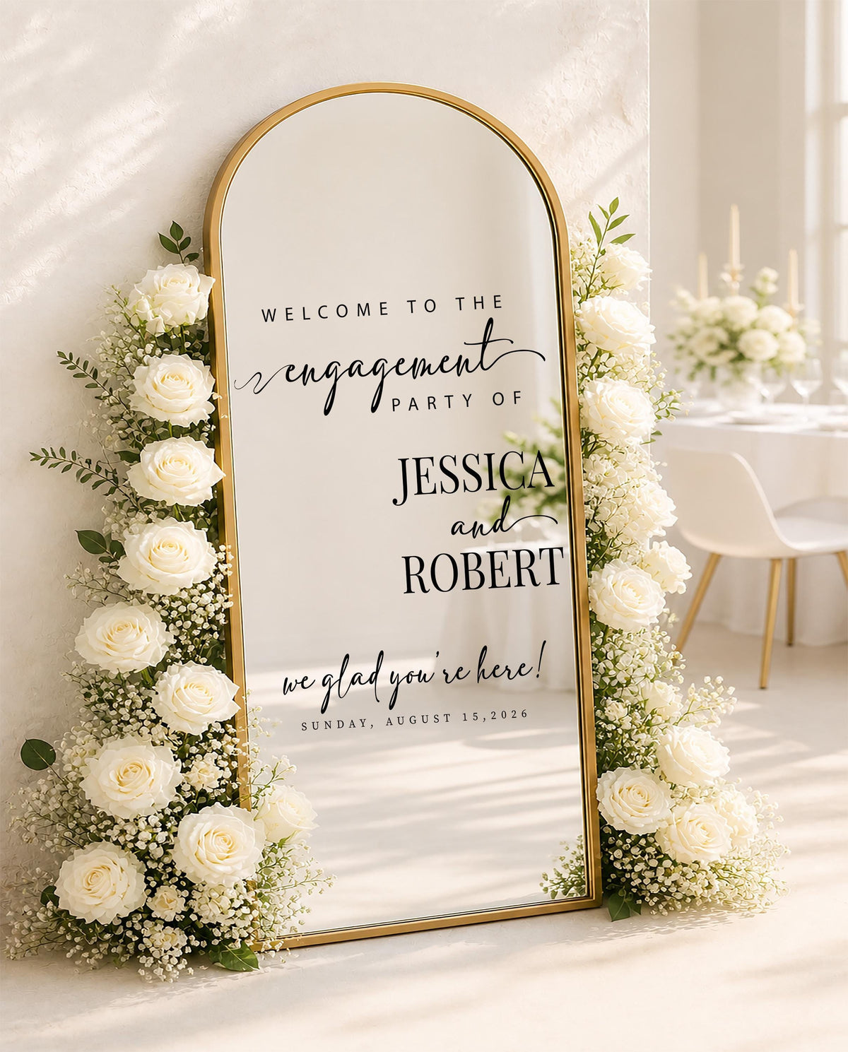 Custom Wedding Mirror Decal, Personalized Engagement Welcome Sign, White Vinyl Decor
