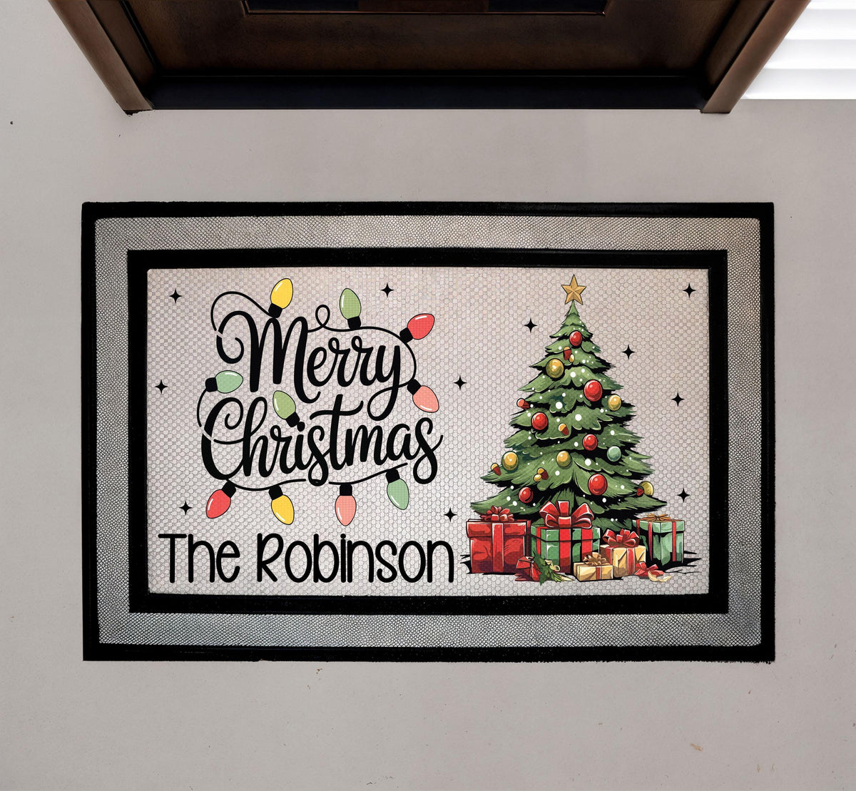 Personalized Merry Christmas Family Name Doormat, Festive Tree Welcome Mat