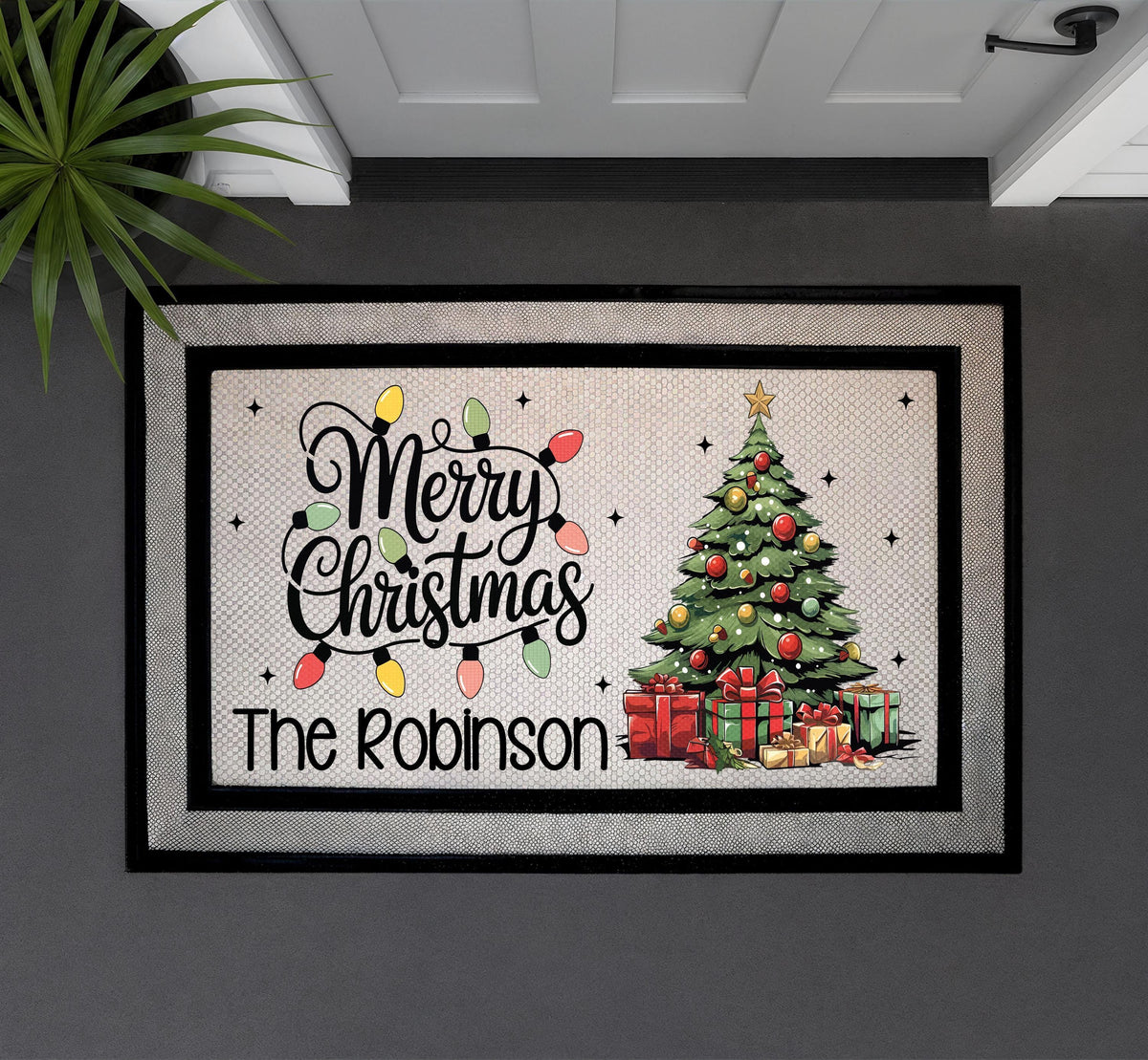 Personalized Merry Christmas Family Name Doormat, Festive Tree Welcome Mat