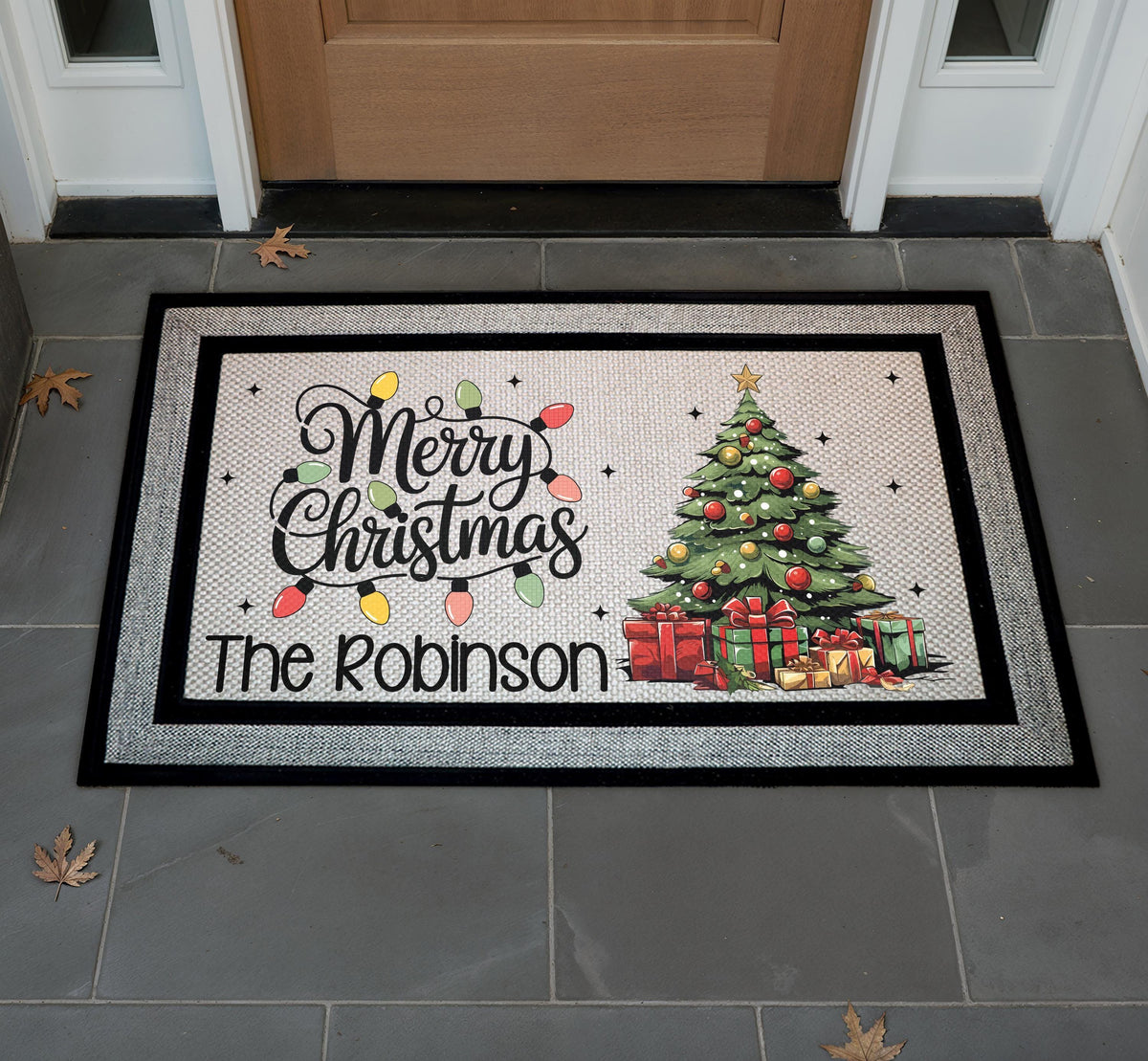 Personalized Merry Christmas Family Name Doormat, Festive Tree Welcome Mat