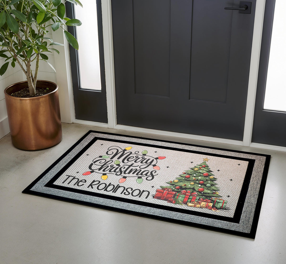 Personalized Merry Christmas Family Name Doormat, Festive Tree Welcome Mat
