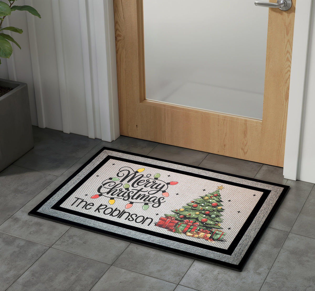 Personalized Merry Christmas Family Name Doormat, Festive Tree Welcome Mat