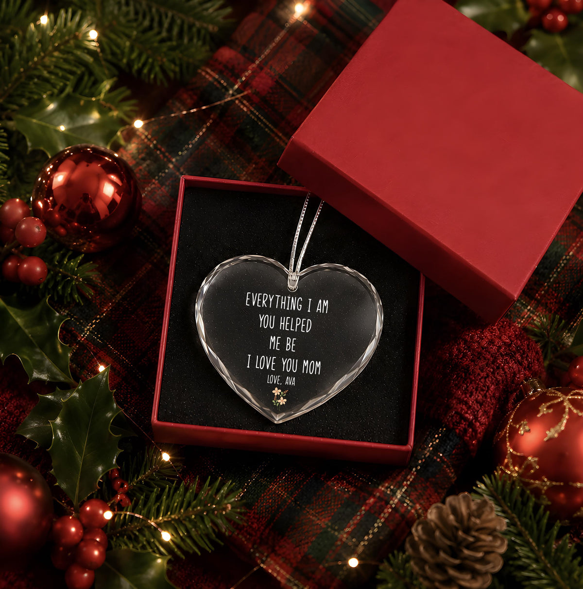 Personalized Crystal Glass Ornament (Round or Heart), Mom Keepsake, Christmas Gift