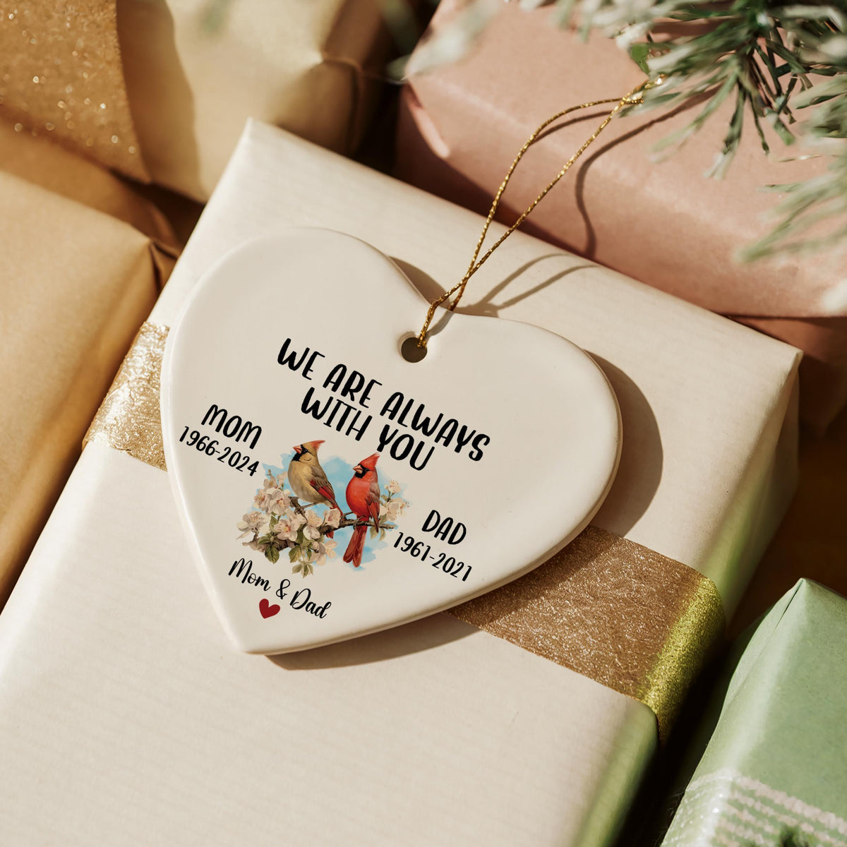 Personalized We Are Always With You Ornament, Red Cardinals Ceramic Heart Keepsake