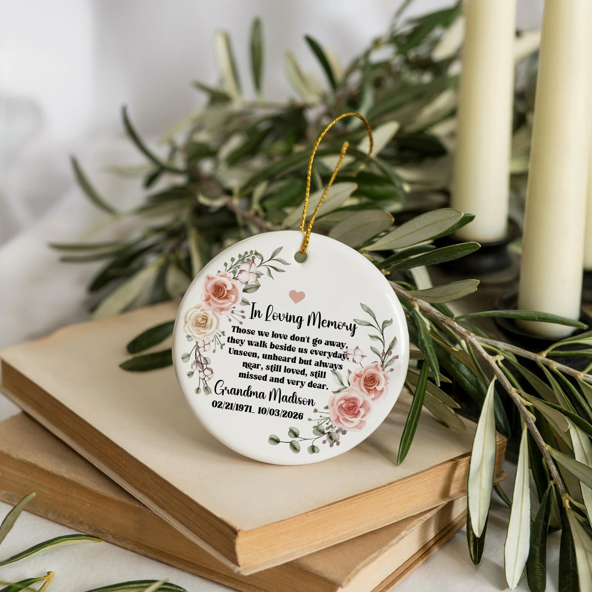 Personalized In Loving Memory Ceramic Ornament, Custom Grandma Remembrance Floral Keepsake