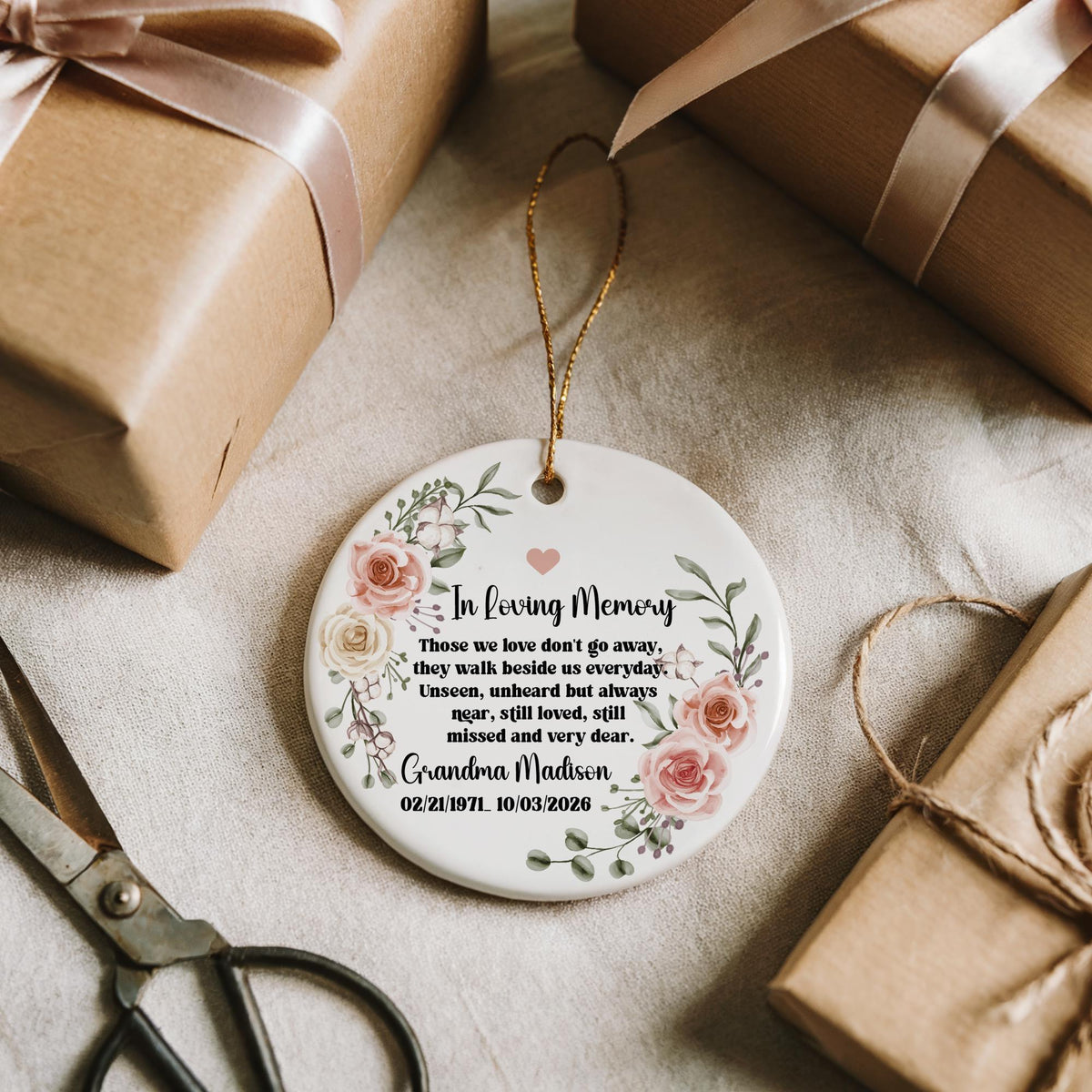 Personalized In Loving Memory Ceramic Ornament, Custom Grandma Remembrance Floral Keepsake