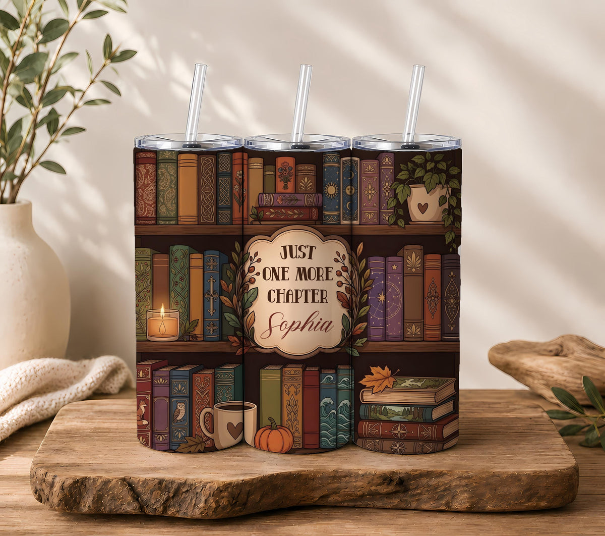 Personalized Bookworm Tumbler, Cozy Library Design, Custom Name Drinkware