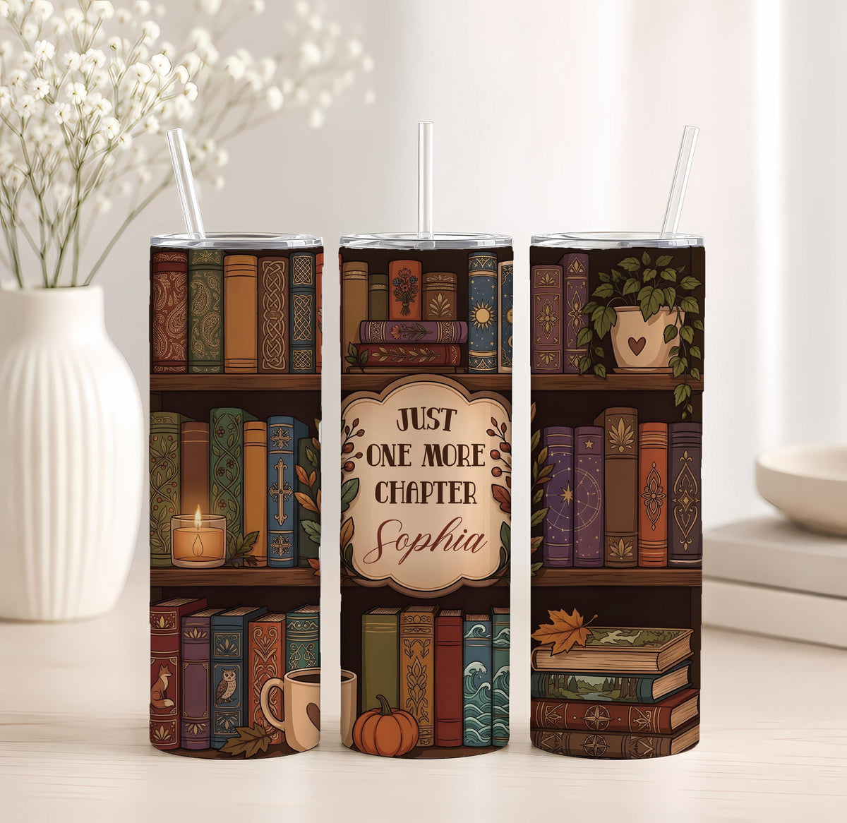 Personalized Bookworm Tumbler, Cozy Library Design, Custom Name Drinkware