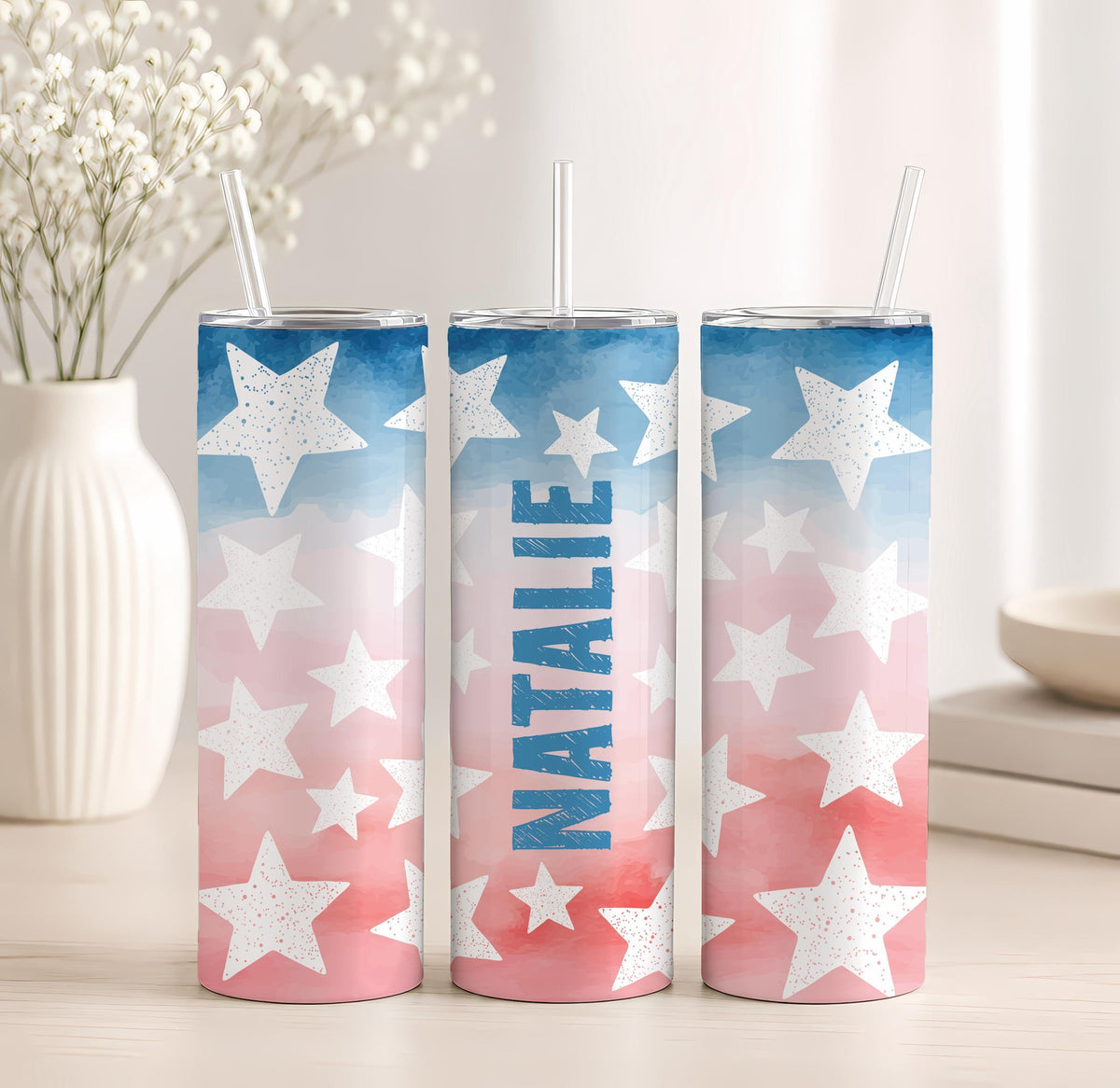 Personalized Patriotic Tumbler with Name, Red White Blue Fireworks Insulated Coffee Cup