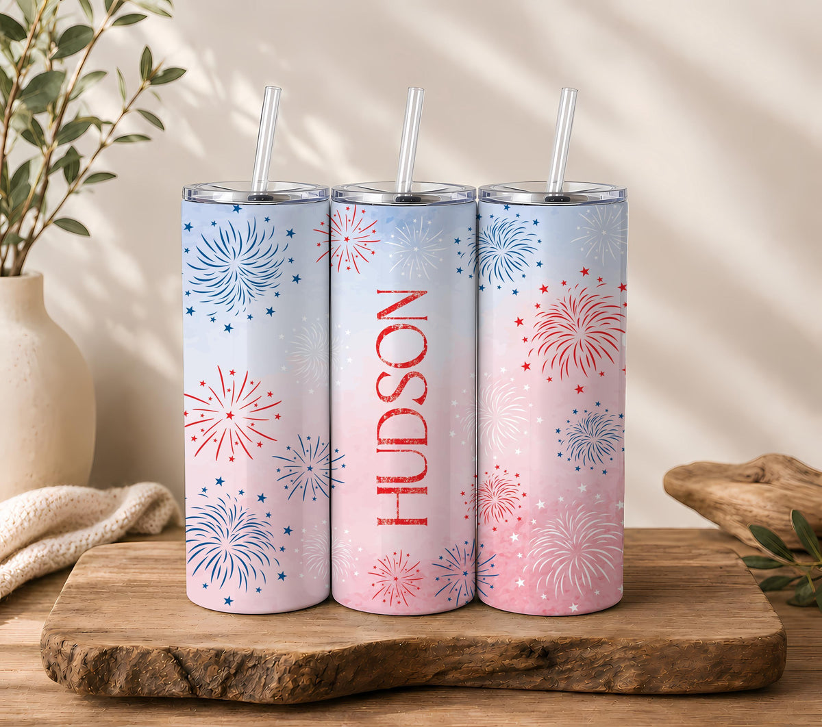 Personalized Patriotic Tumbler with Name, Red White Blue Fireworks Insulated Coffee Cup