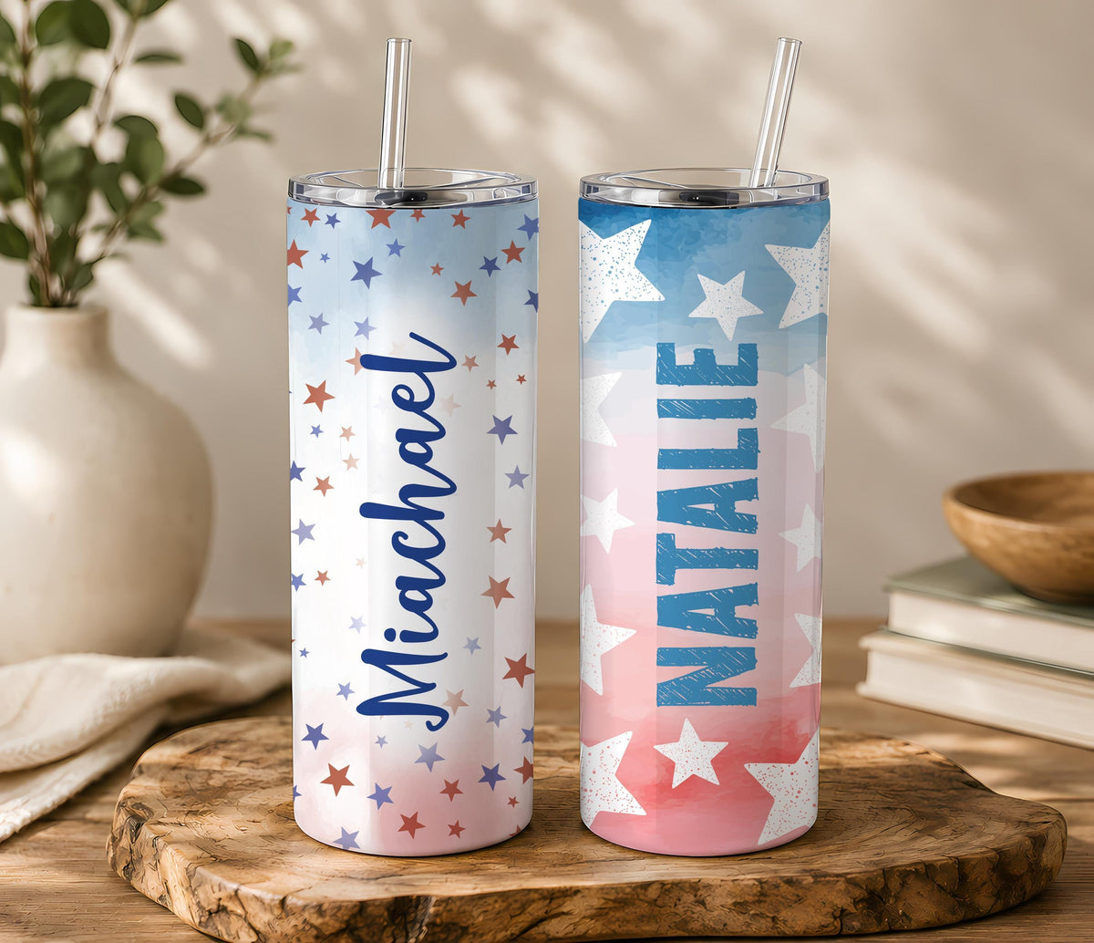 Personalized Patriotic Tumbler with Name, Red White Blue Fireworks Insulated Coffee Cup