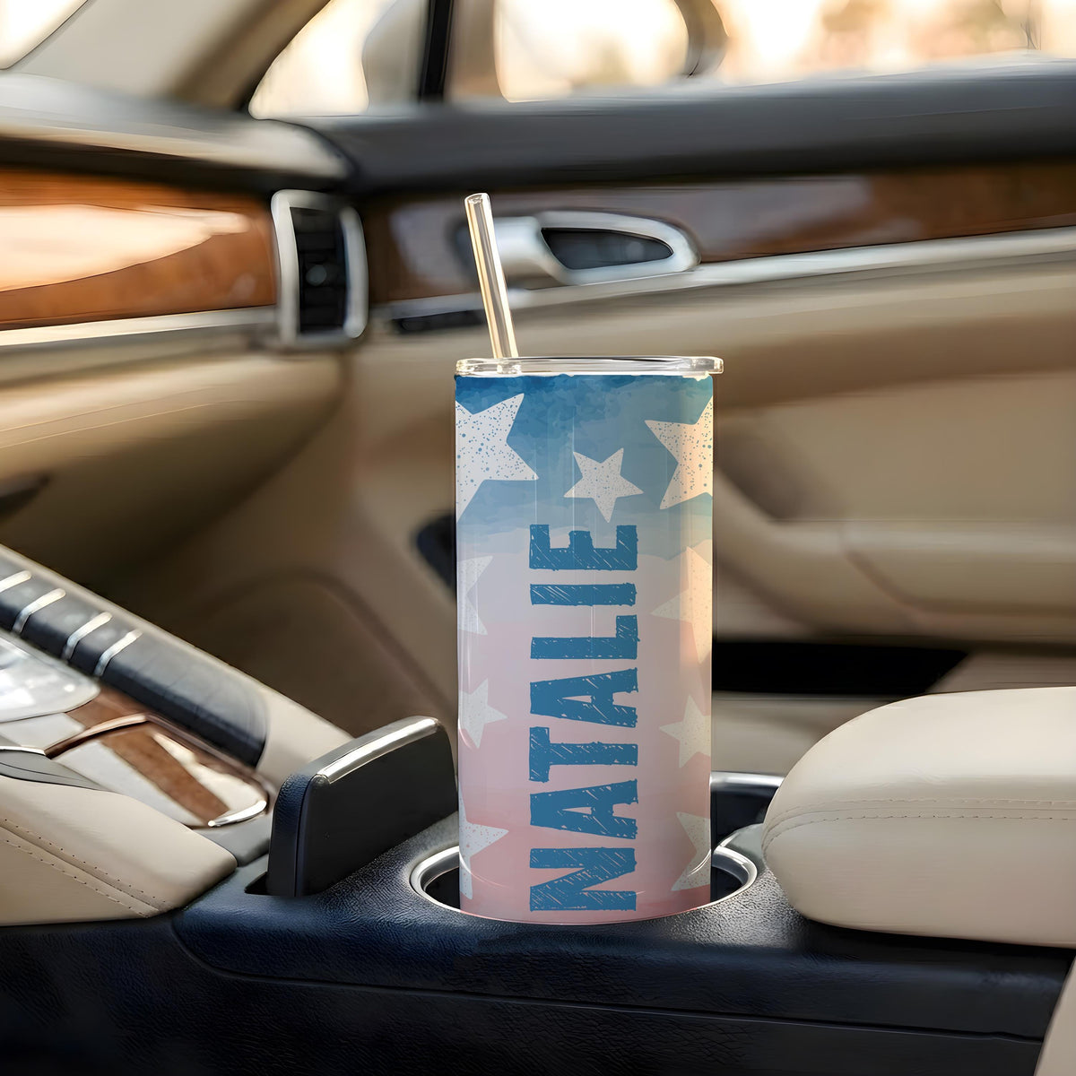 Personalized Patriotic Tumbler with Name, Red White Blue Fireworks Insulated Coffee Cup