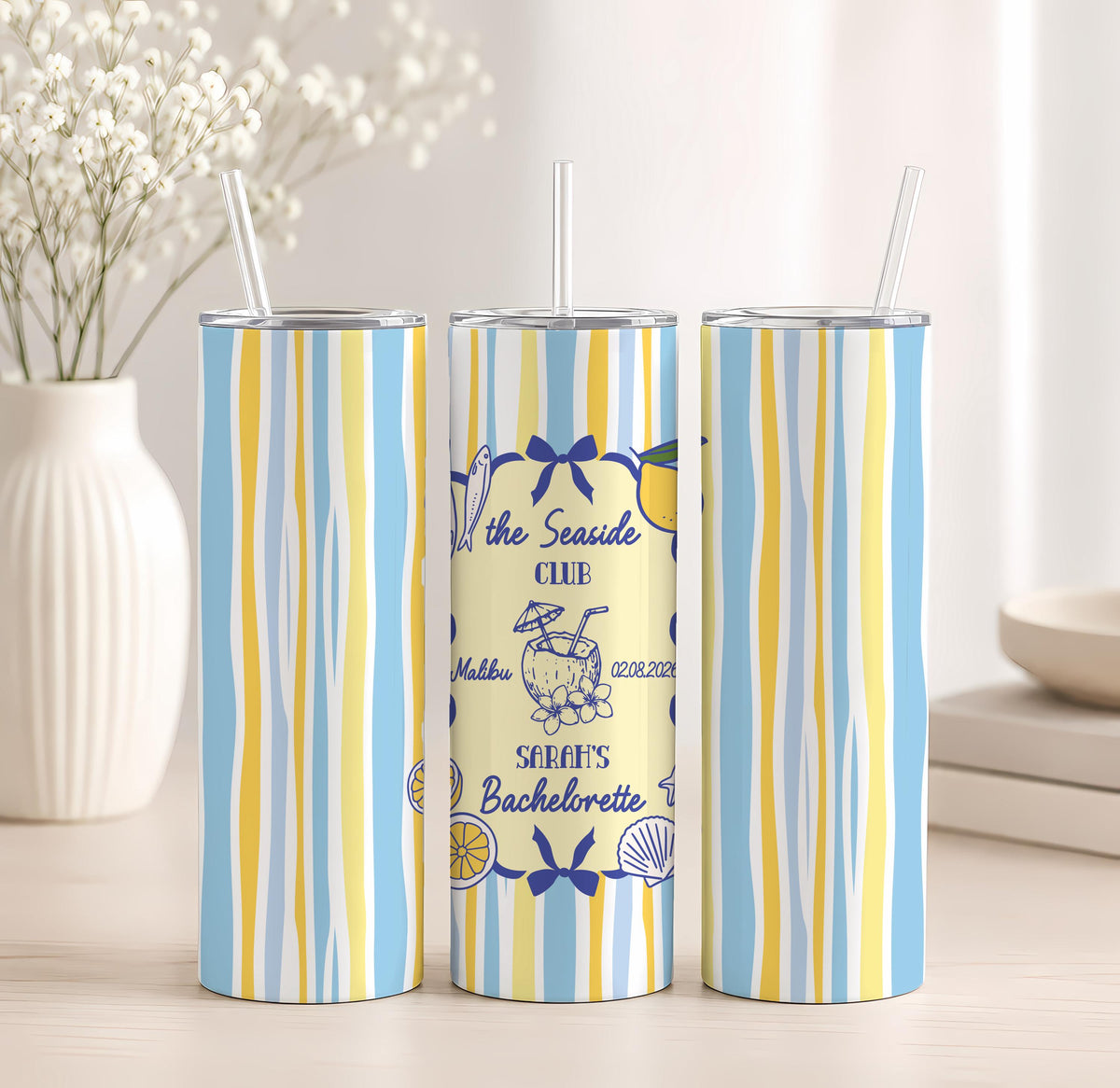 Personalized Seaside Club Beach Bachelorette Tumbler, Coastal Bridal Party Insulated Cup