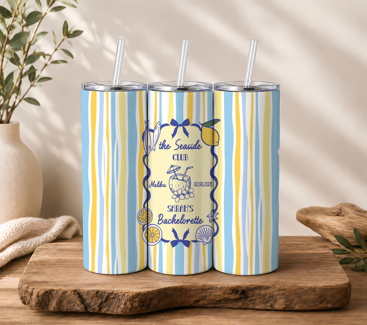 Personalized Seaside Club Beach Bachelorette Tumbler, Coastal Bridal Party Insulated Cup