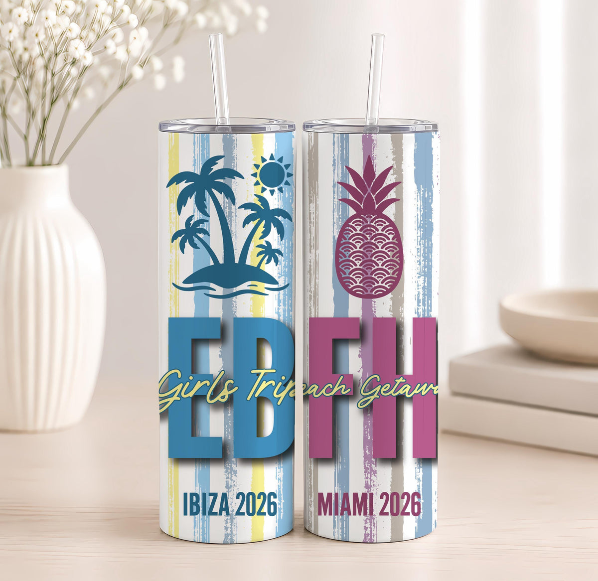 Custom Beach Vacation Tumbler, Tropical Initials, Girls Getaway Insulated Cup