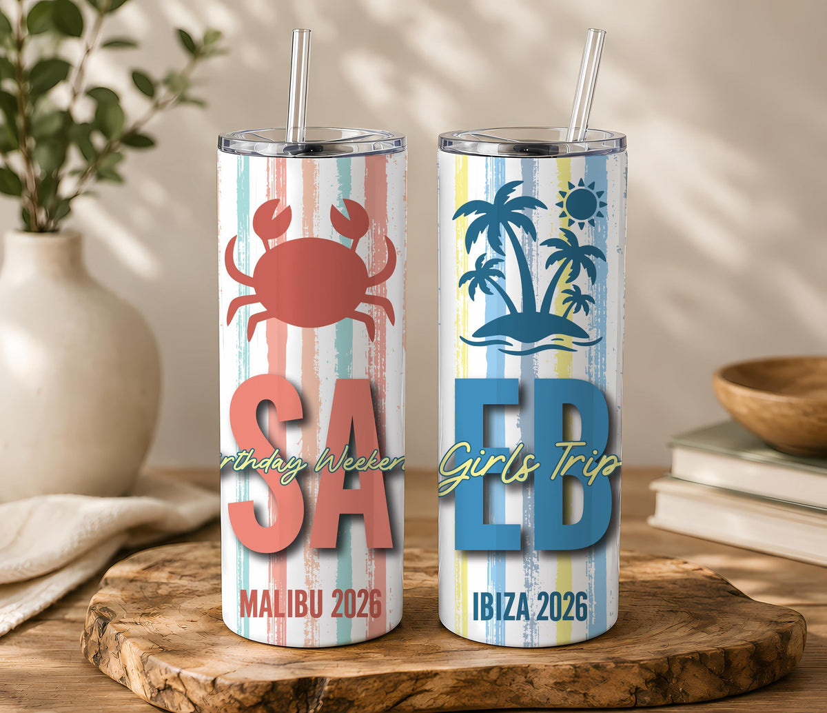 Custom Beach Vacation Tumbler, Tropical Initials, Girls Getaway Insulated Cup