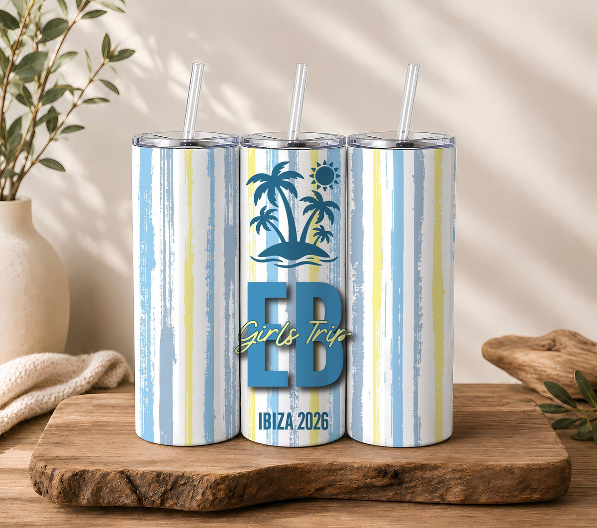 Custom Beach Vacation Tumbler, Tropical Initials, Girls Getaway Insulated Cup