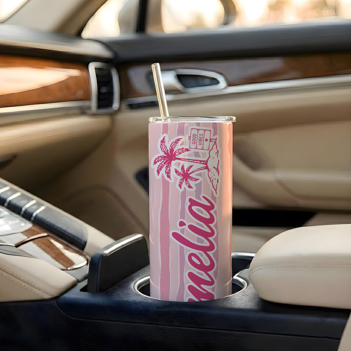Personalized 20oz Skinny Tumbler, Custom Name Tropical Beach Drinkware, Summer Vacation Cup