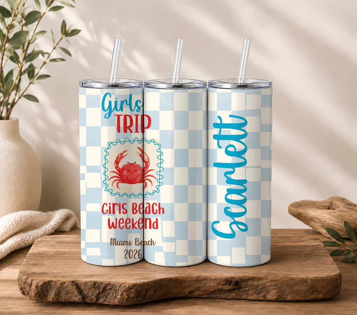 Custom Crab Girls Trip Beach Tumbler, Personalized Coastal Vacation Cup