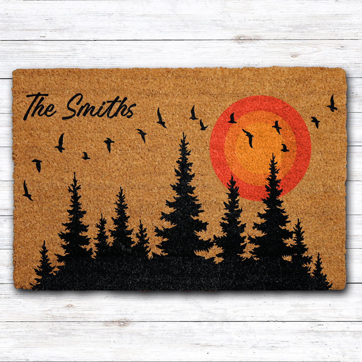 Custom Cabin Doormat with Family Name, Rustic Pine Forest Silhouette Welcome Mat