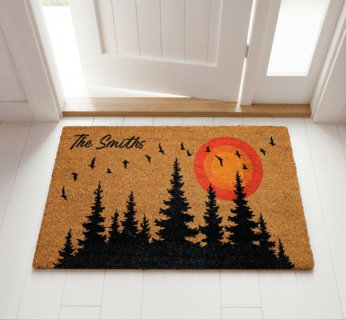 Custom Cabin Doormat with Family Name, Rustic Pine Forest Silhouette Welcome Mat