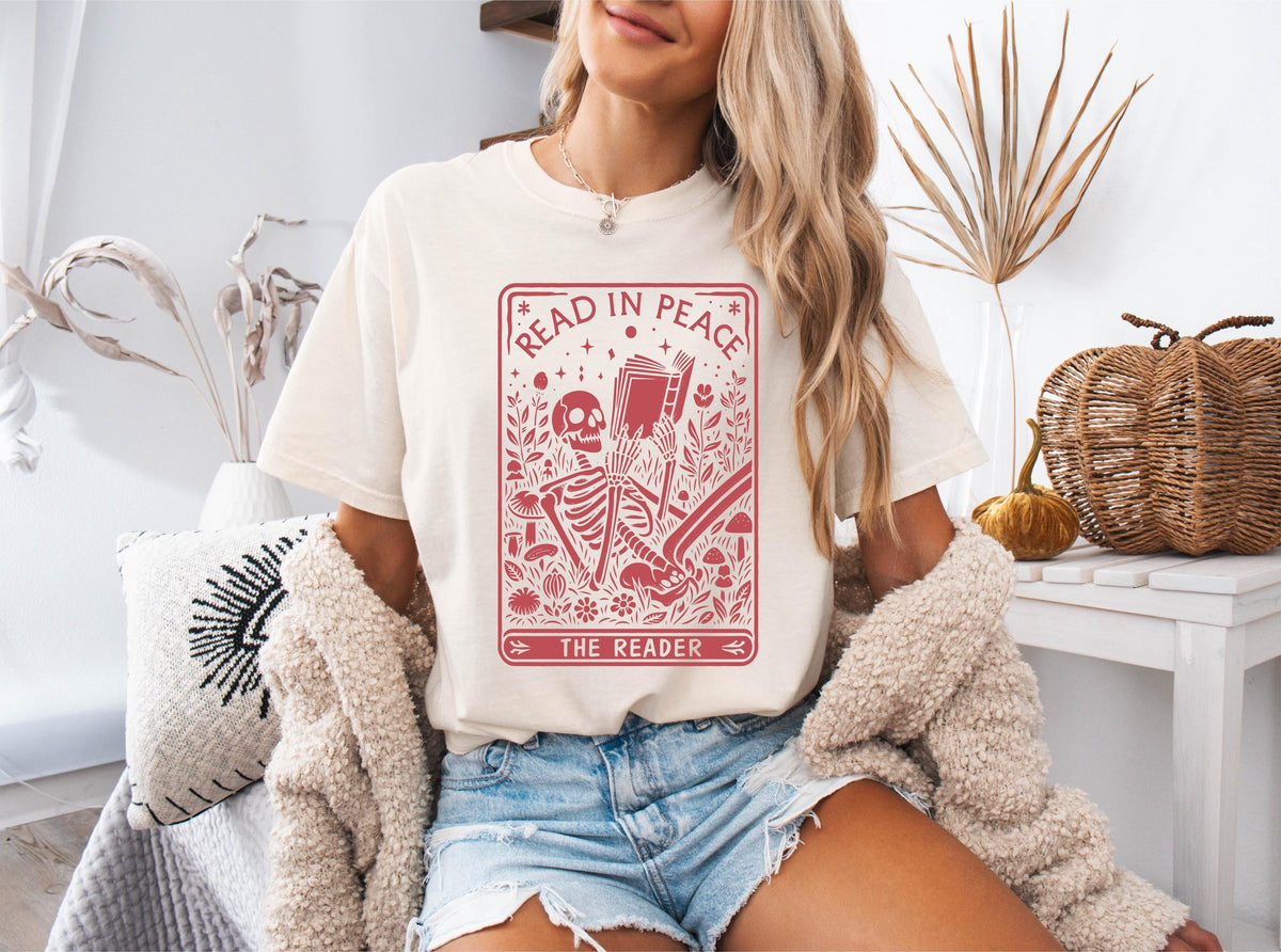 Comfort Colors® Read in Peace Shirt, Skeleton Bookish Tee, Halloween Bookworm T-shirts, Book Lover Gift