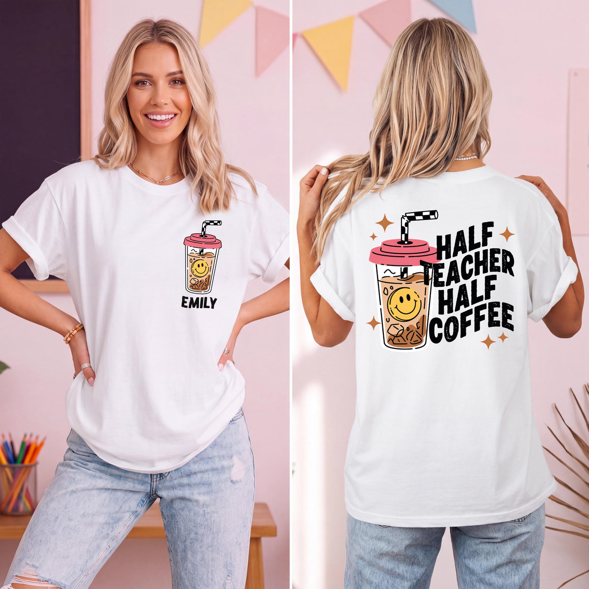 Comfort Colors® Custom Teacher T-Shirt, Half Teacher Half Coffee Tee, Teacher Appreciation Gift