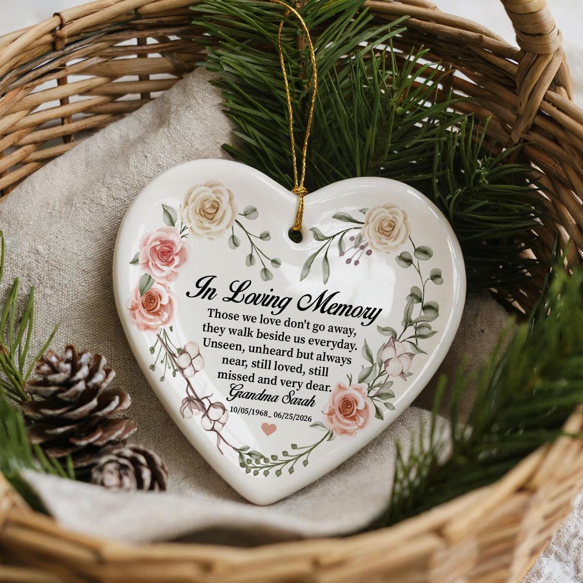 Custom Floral In Loving Memory Memorial Ornament, Loss of Loved One Keepsake, Sympathy Gift