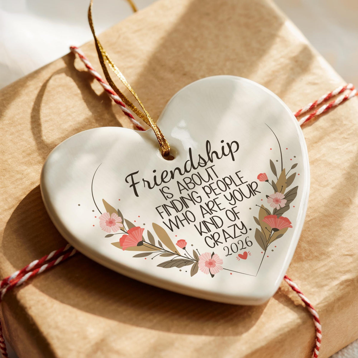 Ceramic Friendship Ornament, Floral Heart Bauble, Bestie Holiday Decor